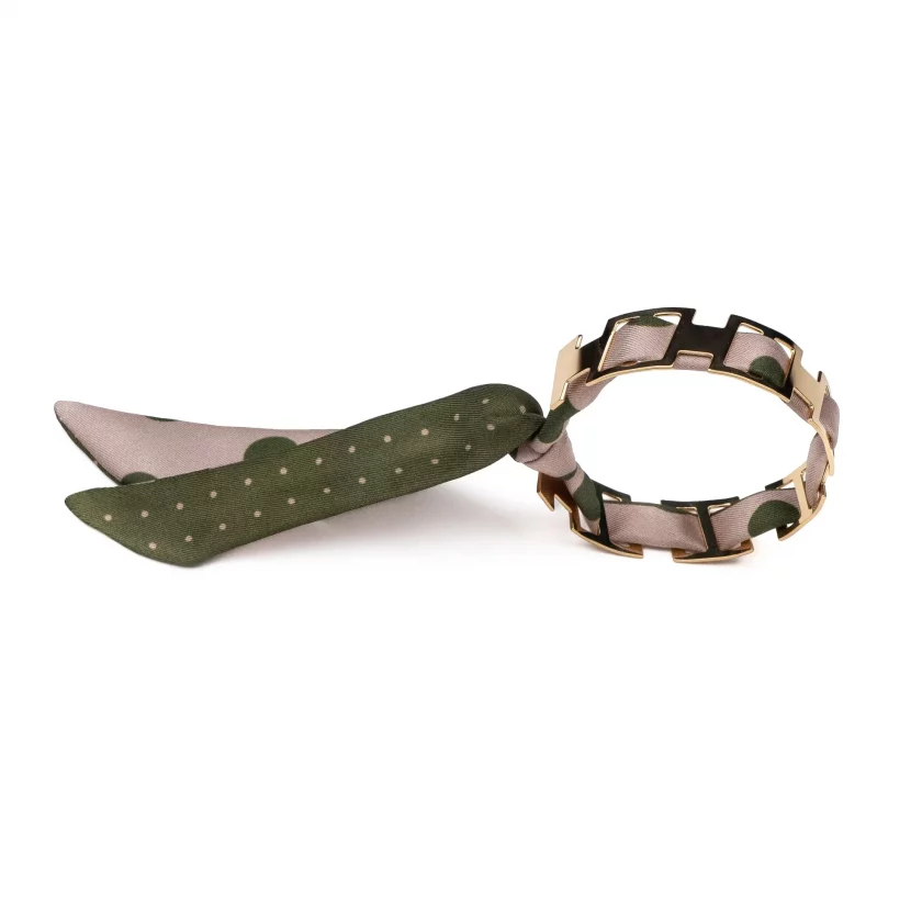 Bracelet doré et lien en twill de soie imprimée mini pois - Beige kaki