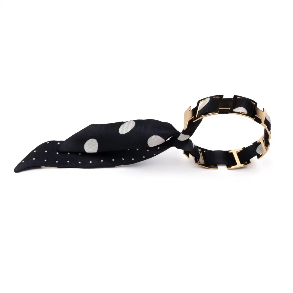 Bracelet doré et lien en twill de soie imprimée mini pois - Noir blanc