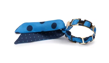 Bracelet doré et Lien en Twill de soie imprimé Pois – Bleu