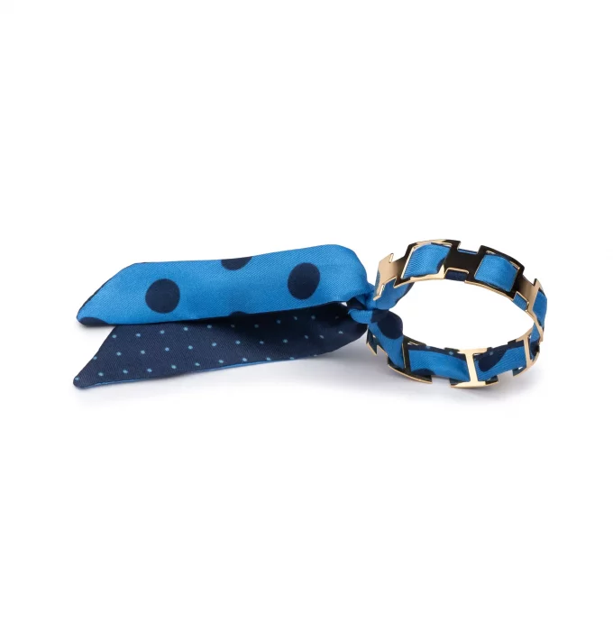 Bracelet doré et lien en twill de soie imprimée mini pois - Cyan marine