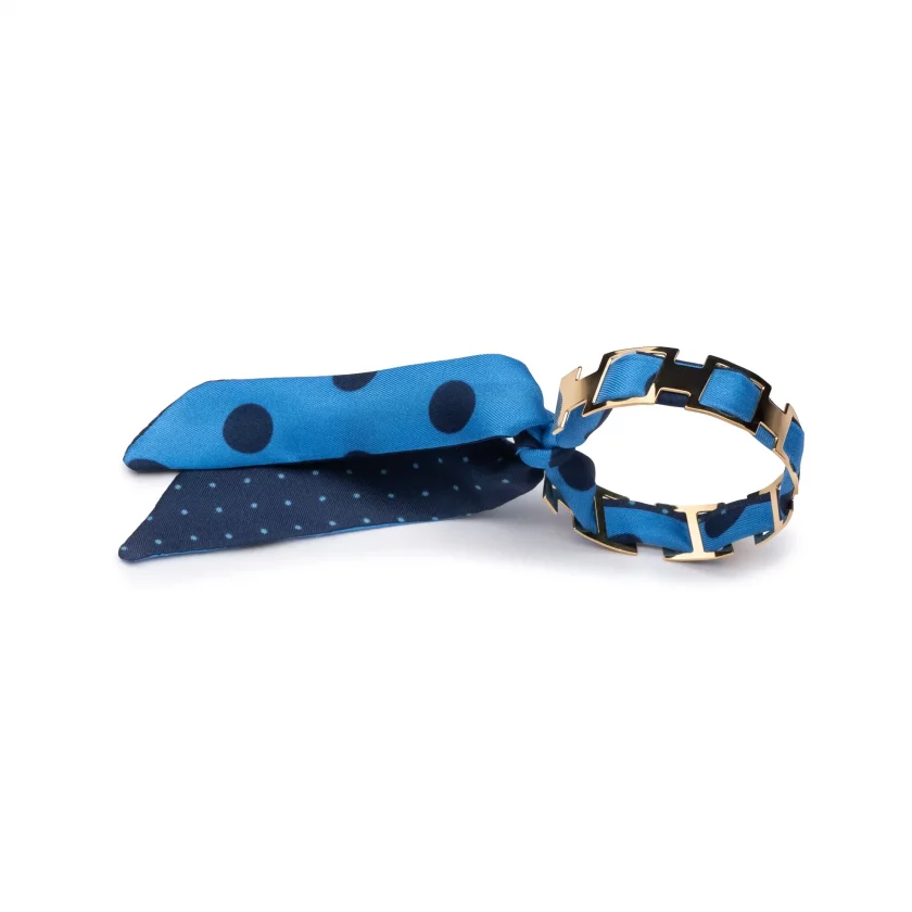 Bracelet doré et lien en twill de soie imprimée mini pois - Cyan marine