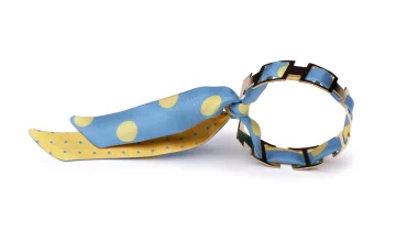 Bracelet doré et Lien en Twill de soie imprimé Pois – Bleu Jaune