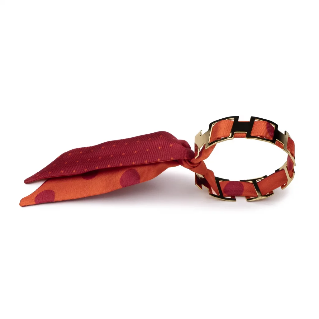 Bracelet doré et lien en twill de soie imprimée mini pois - Orange