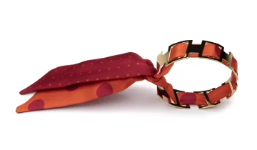 Bracelet doré et Lien en Twill de soie imprimé Pois – Orange Rouge