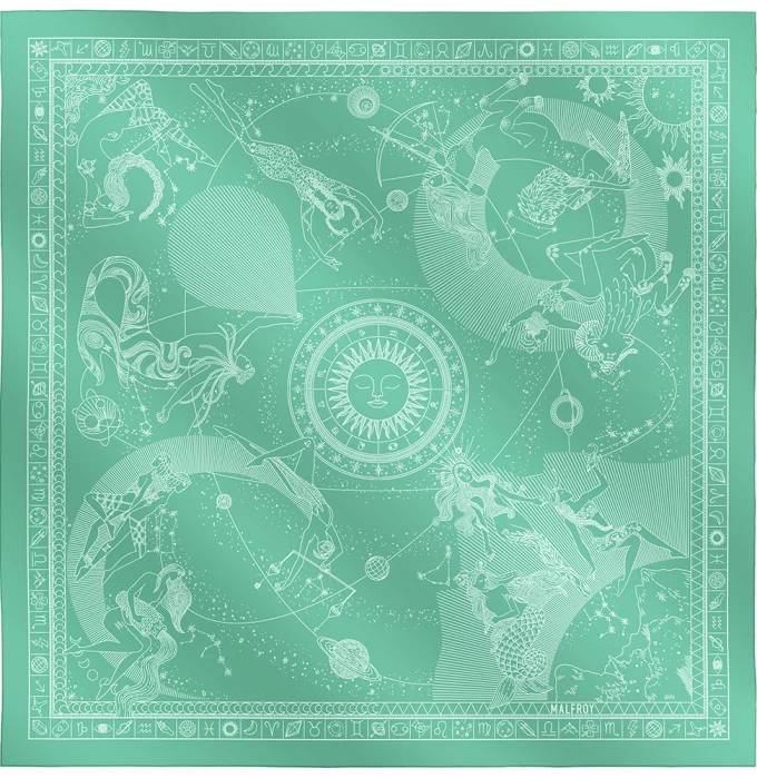 Carré de soie 67, twill de soie imprimé Zodiaque - Vert