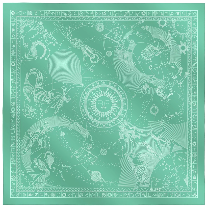 Carré de soie 67, twill de soie imprimé Zodiaque - Vert