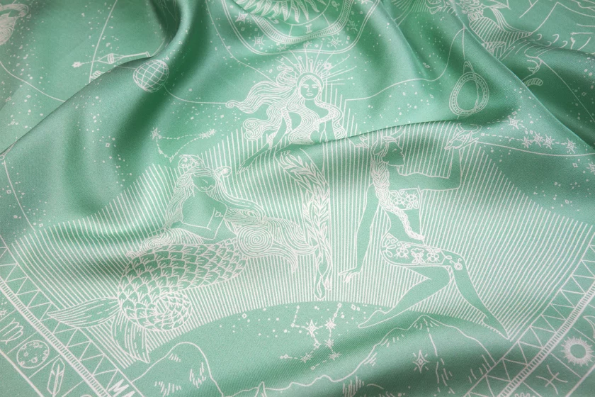 Carré de soie 67, twill de soie imprimé Zodiaque - Vert