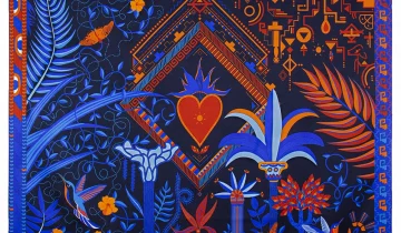 Carré de soie 90, twill de soie imprimé Mérida – Bleu
