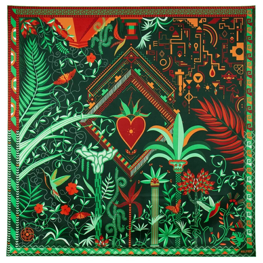 Carré de soie 90, twill de soie imprimé Mérida - Vert