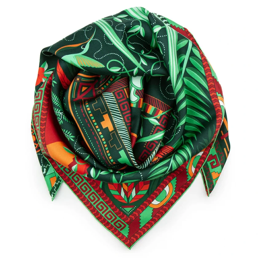 Carré de soie 90, twill de soie imprimé Mérida - Vert