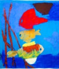 carré de soie, twill de soi imprimé Poisson de l'artiste Thuy col 1 Bleu