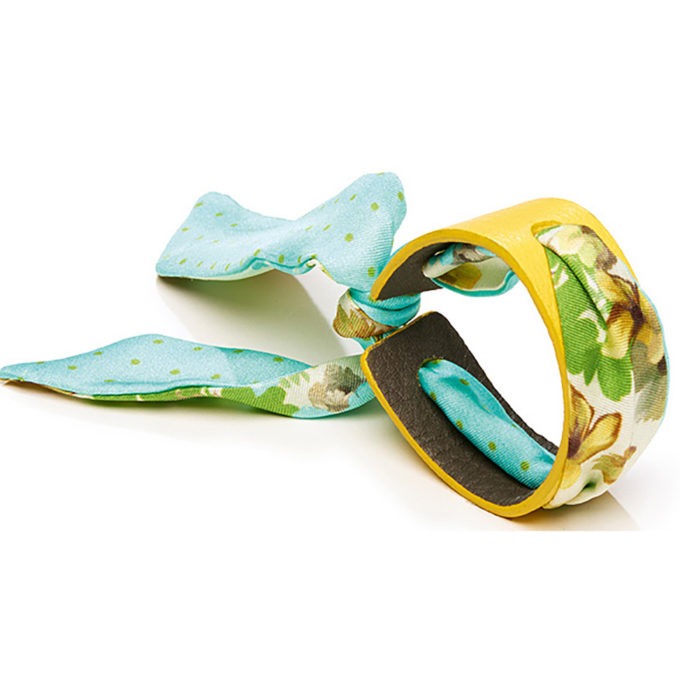 Bracelet Cuir et Lien en Twill de soie imprimé Fleurs Mini pois col 2 Turquoise