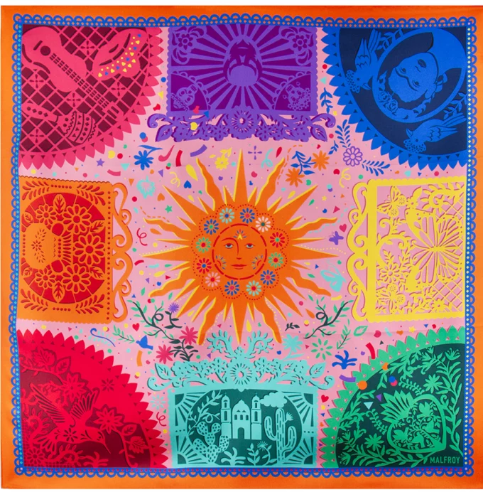 Carré de soie 67, twill de soie imprimé Papel Picado - Orange