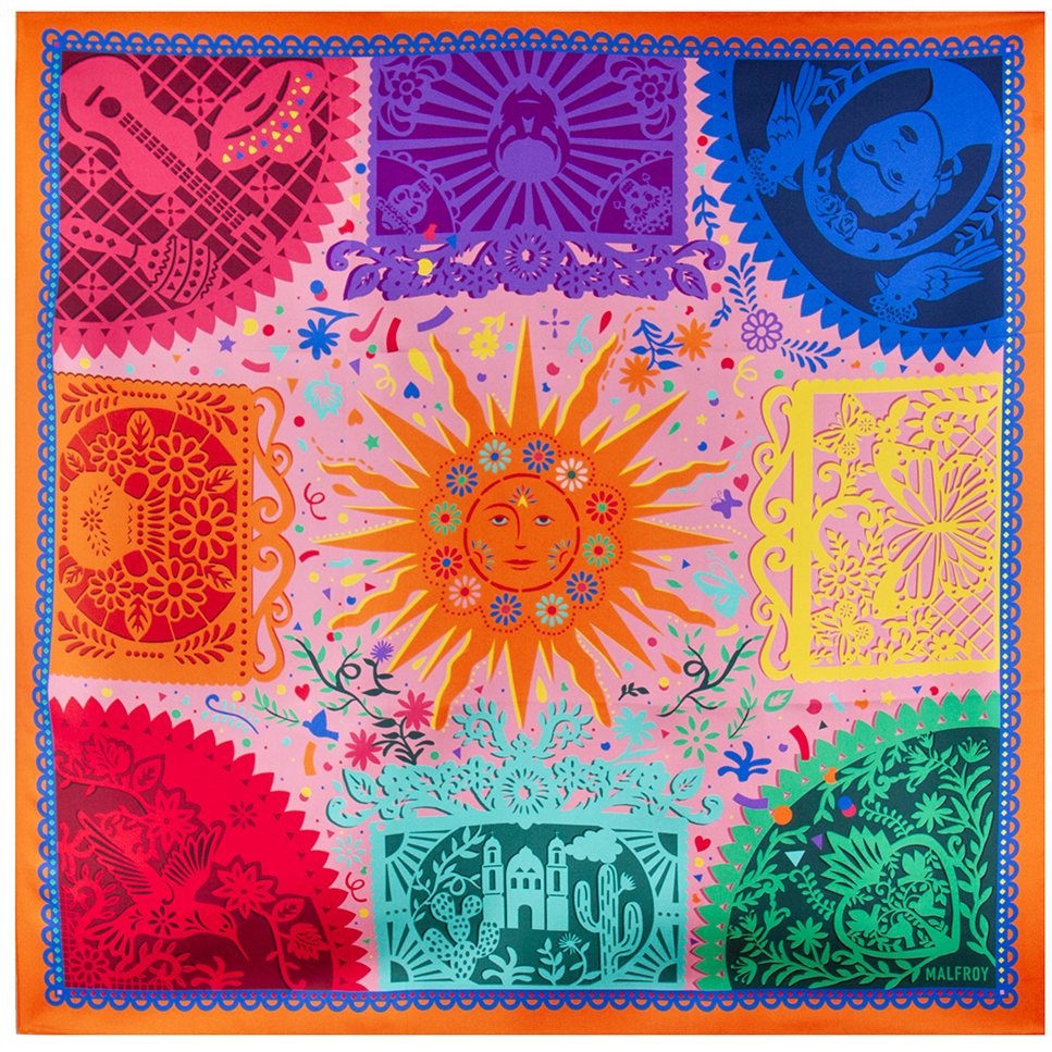Carré de soie 67, twill de soie imprimé Papel Picado - Orange