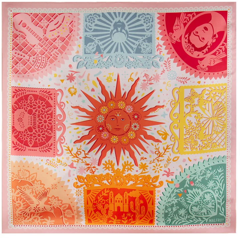 Carré de soie 67, twill de soie imprimé Papel Picado - Rose