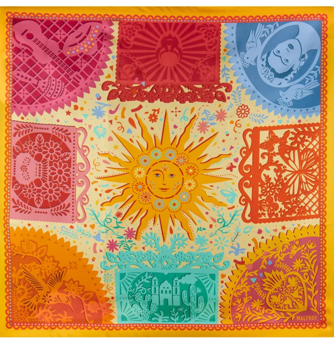 Carré de soie 67, twill de soie imprimé Papel Picado - Jaune