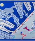 Carré de soie 67, pongé de soie imprimé Les Calanques de l'artiste Roxane Campoy - Bleu