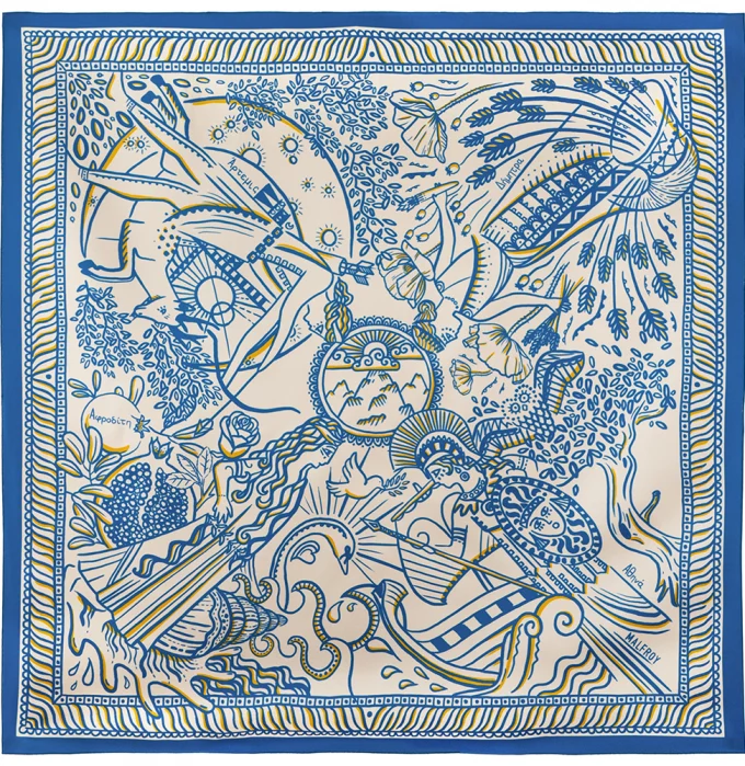 Carré de soie 67, twill de soie imprimé Les Déesses de l'Olympe - Bleu