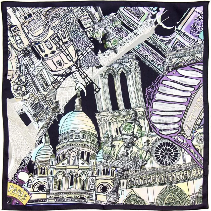 Carré de soie 49, twill de soie imprimé Mini Paris col 3 Noir