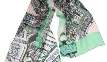 Echarpe en soie 43×140, mousseline de soie imprimée Paris – Vert