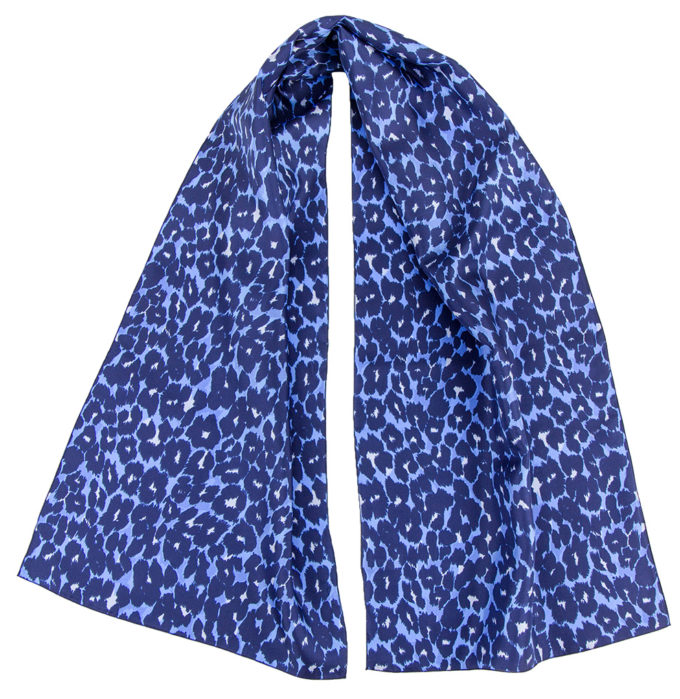Echarpe en soie 33x140, twill de soie imprimé Léopard - Bleu