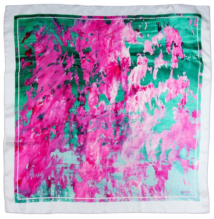 Carré de soie 67, pongé de soie imprimé Les Glycines, de l'artiste Thuy - Rose