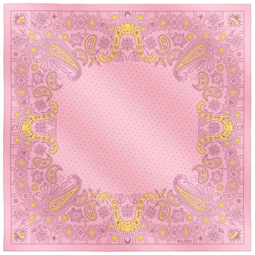 Carré de soie 67, twill de soie imprimé Bandana - rose jaune