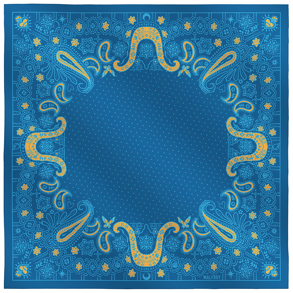 Carré de soie 67, twill de soie imprimé Bandana - bleu