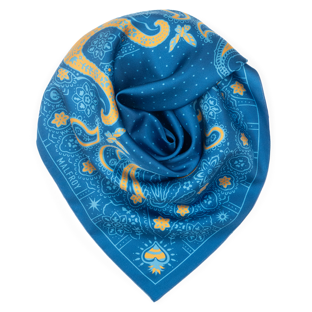 Carré de soie 67, twill de soie imprimé Bandana - bleu