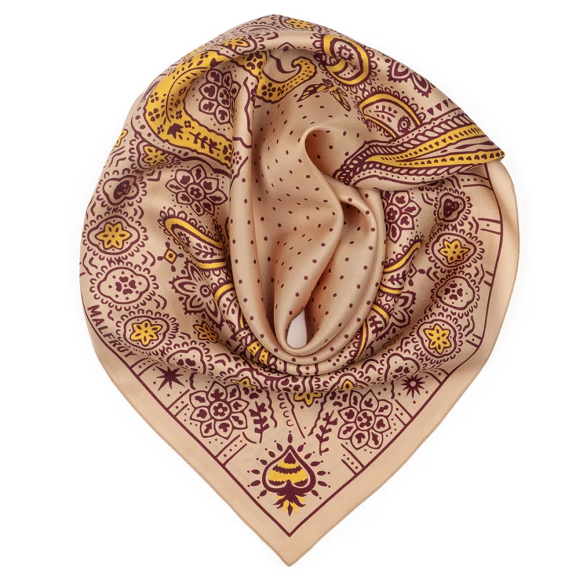 Carré de soie 67, twill de soie imprimé Bandana - Beige