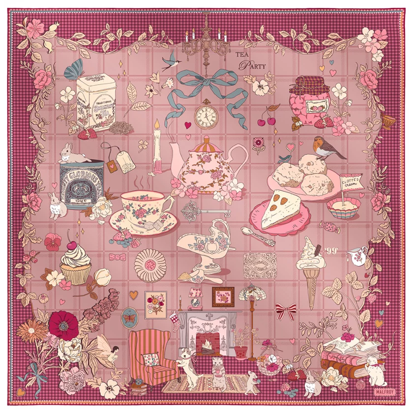 Carré de soie 90, twill de soie imprimé Tea Time - Rose