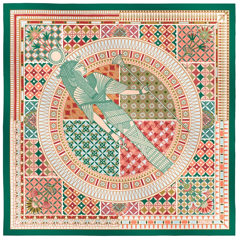 Carré de soie 67, twill de soie imprimé Cléopâtre - vert