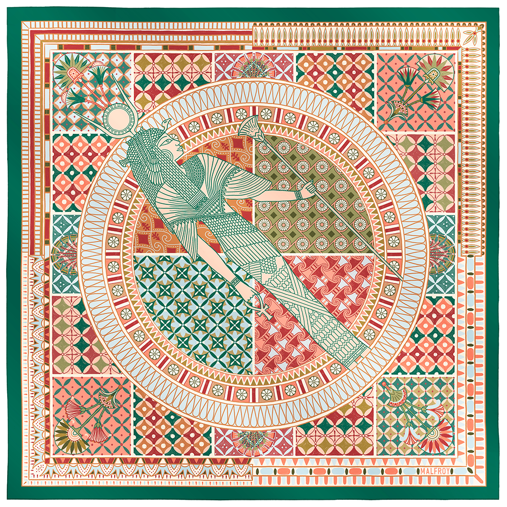 Carré de soie 67, twill de soie imprimé Cléopâtre - vert