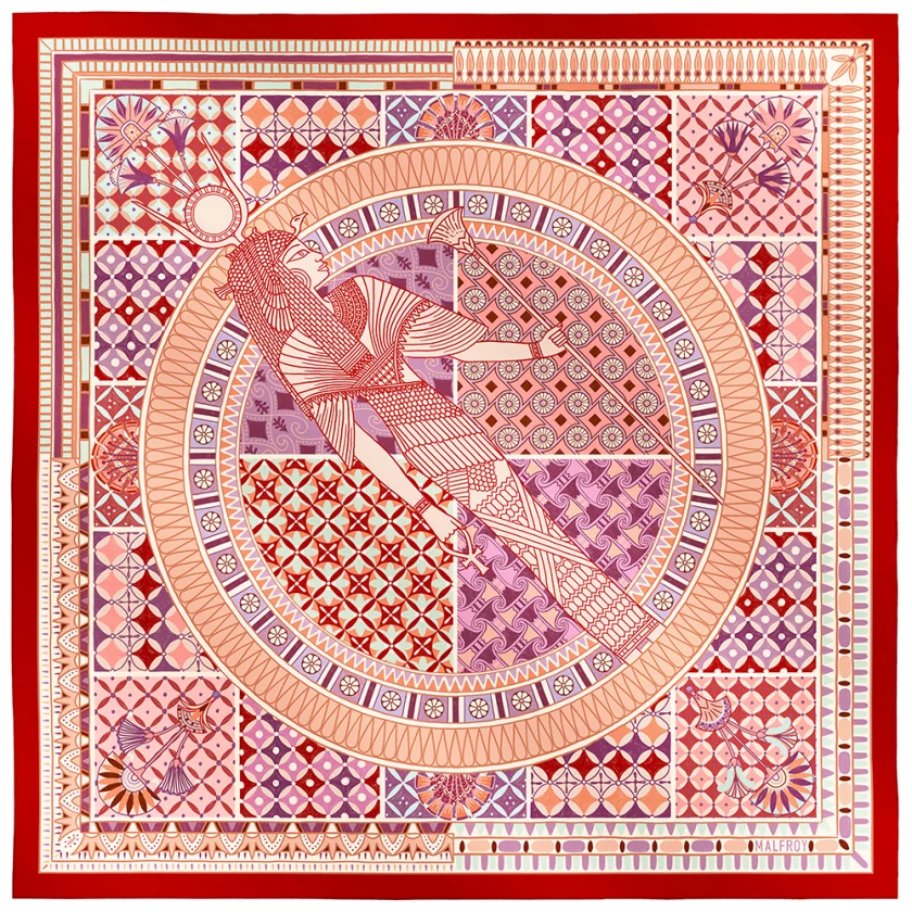 Carré de soie 67, twill de soie imprimé Cléopâtre - rouge