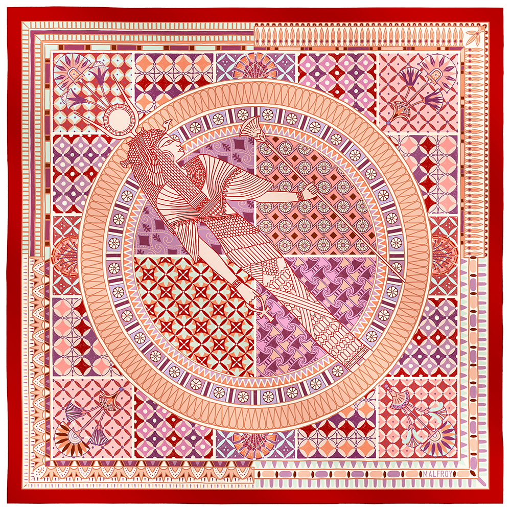 Carré de soie 67, twill de soie imprimé Cléopâtre - rouge