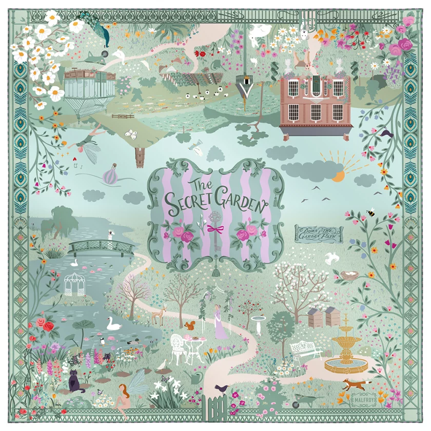 Carré de soie 90, twill de soie imprimé Secret garden - vert