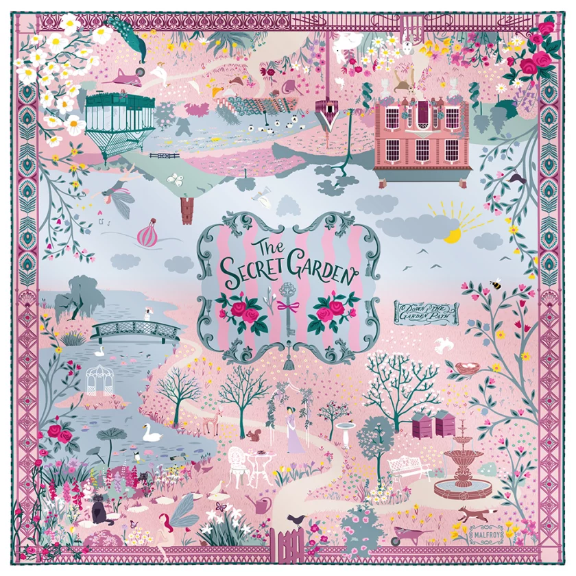 Carré de soie 90, twill de soie imprimé Secret garden - rose