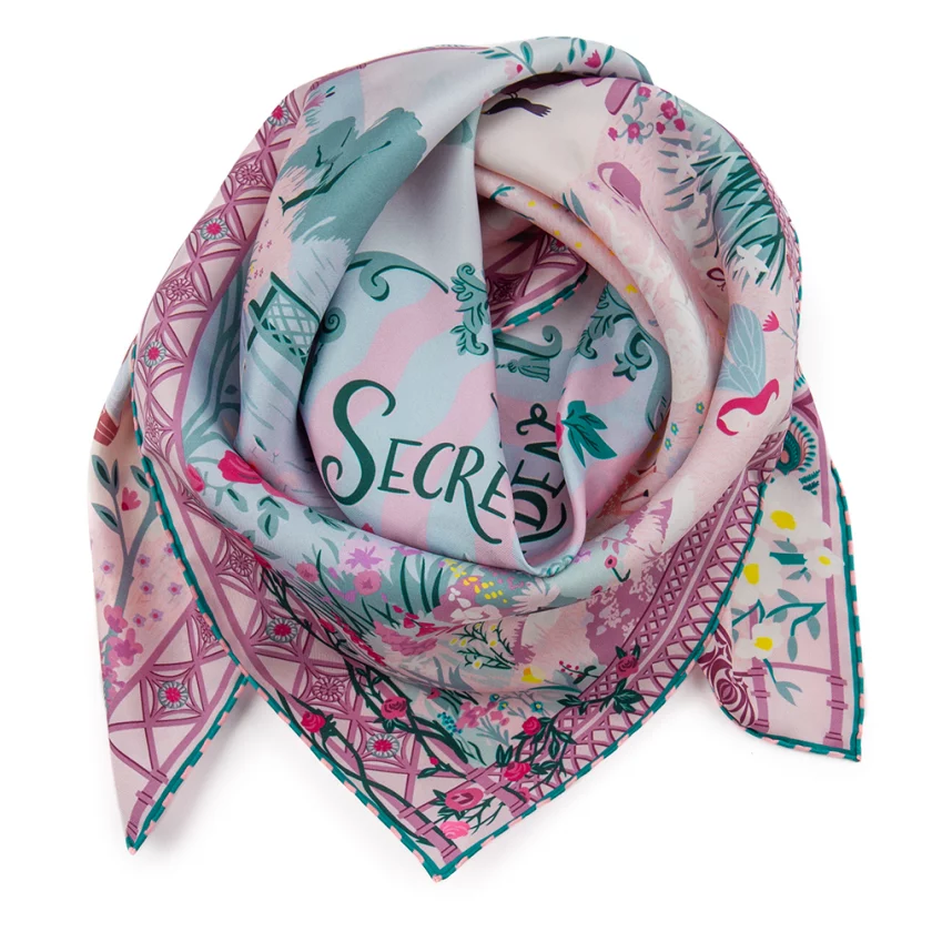 Carré de soie 90, twill de soie imprimé Secret garden - rose