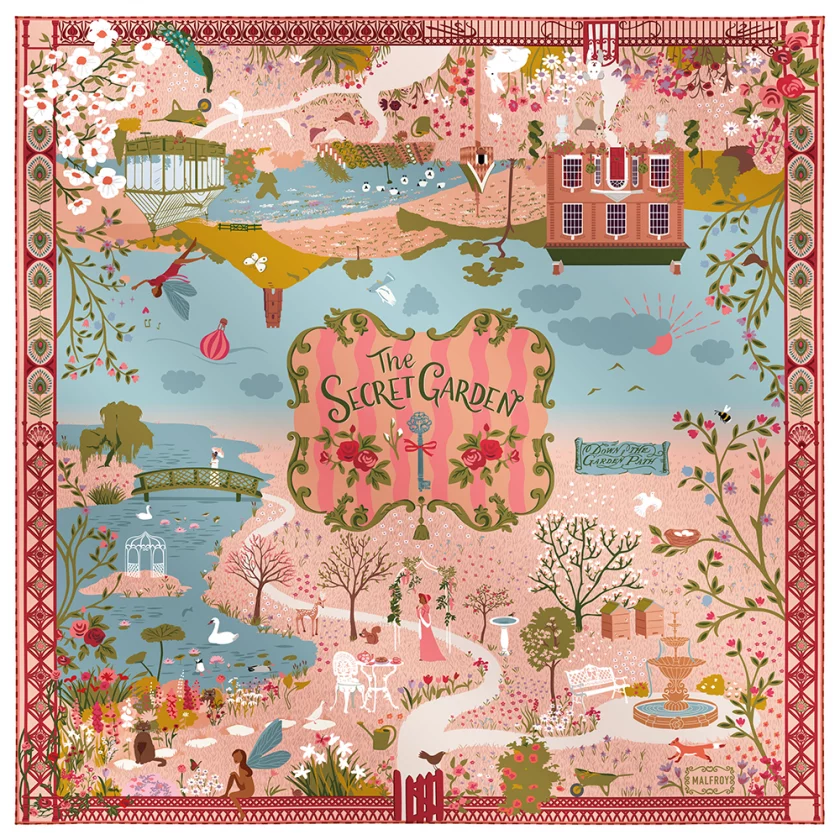 Carré de soie 90, twill de soie imprimé Secret garden - rouge beige