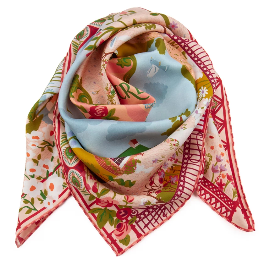 Carré de soie 90, twill de soie imprimé Secret garden - rouge beige
