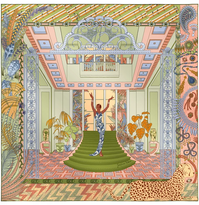 Carré de soie 90, twill de soie imprimé Joséphine Baker - vert