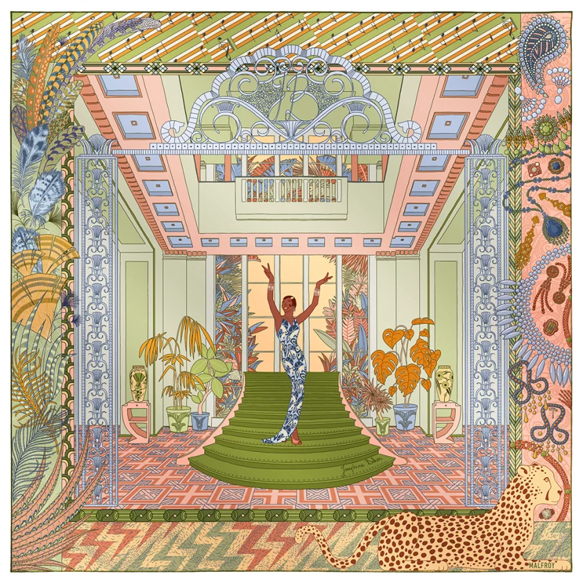 Carré de soie 90, twill de soie imprimé Joséphine Baker - vert