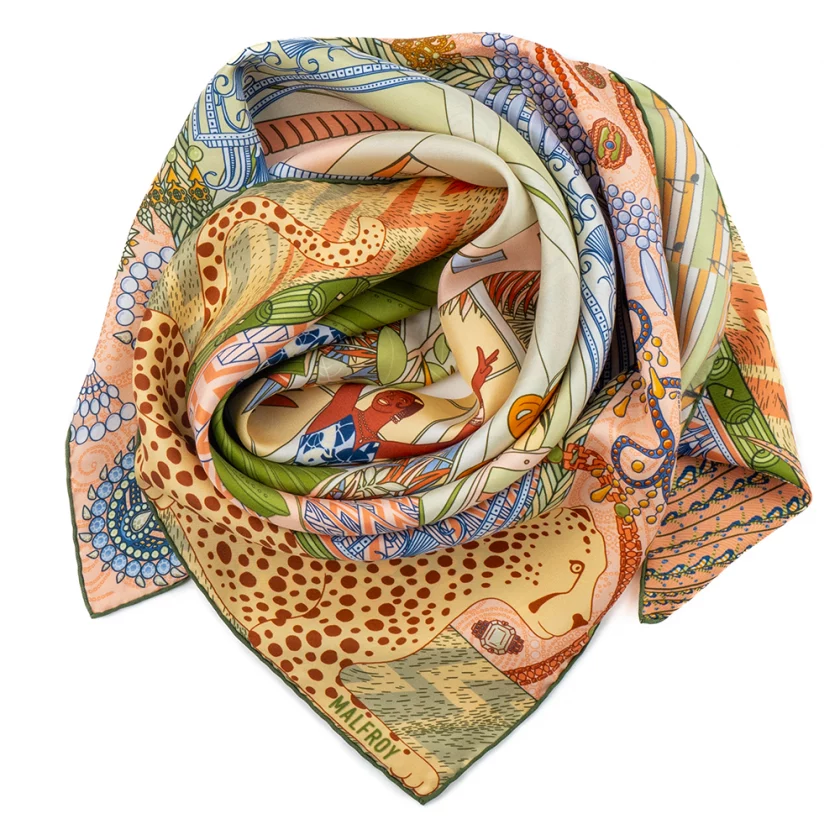 Carré de soie 90, twill de soie imprimé Joséphine Baker - vert