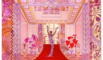Carré de soie 90, twill de soie imprimé Joséphine Baker – Rouge