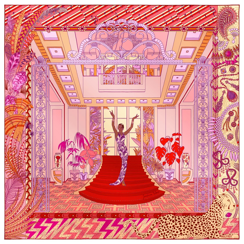 Carré de soie 90, twill de soie imprimé Joséphine Baker - rouge