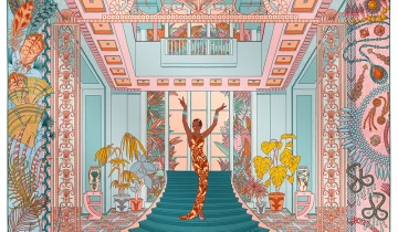 Carré de soie 90, twill de soie imprimé Joséphine Baker – Turquoise