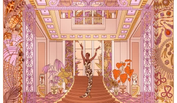 Carré de soie 90, twill de soie imprimé Joséphine Baker – Orange
