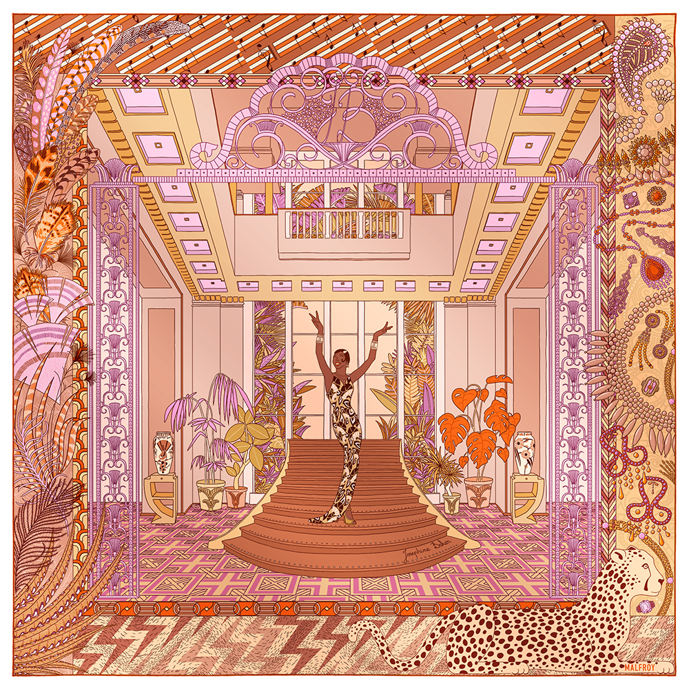 Carré de soie 90, twill de soie imprimé Joséphine Baker - orange