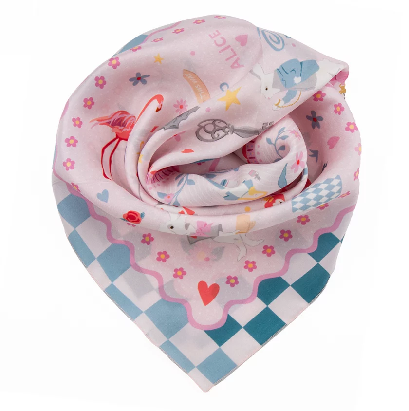 Carré de soie 67, twill de soie imprimé Alice - bleu rose