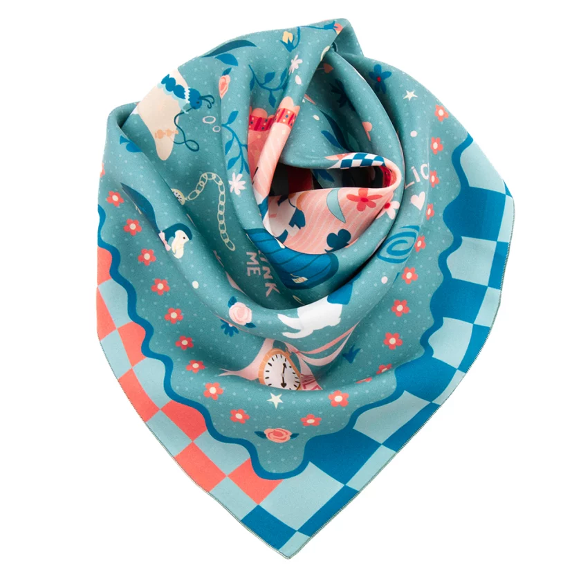 Carré de soie 67, twill de soie imprimé Alice - bleu